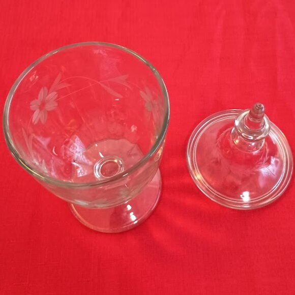 Etched, Floral Glass Footed Pedestal Covered Apothecary Candy Jar - Picture 3 of 7